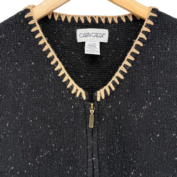 Cabin Creek Vest Womens Large Black Tan‎ Trim Speckled Knit Zip Up Ramie Warm - Picture 3 of 12